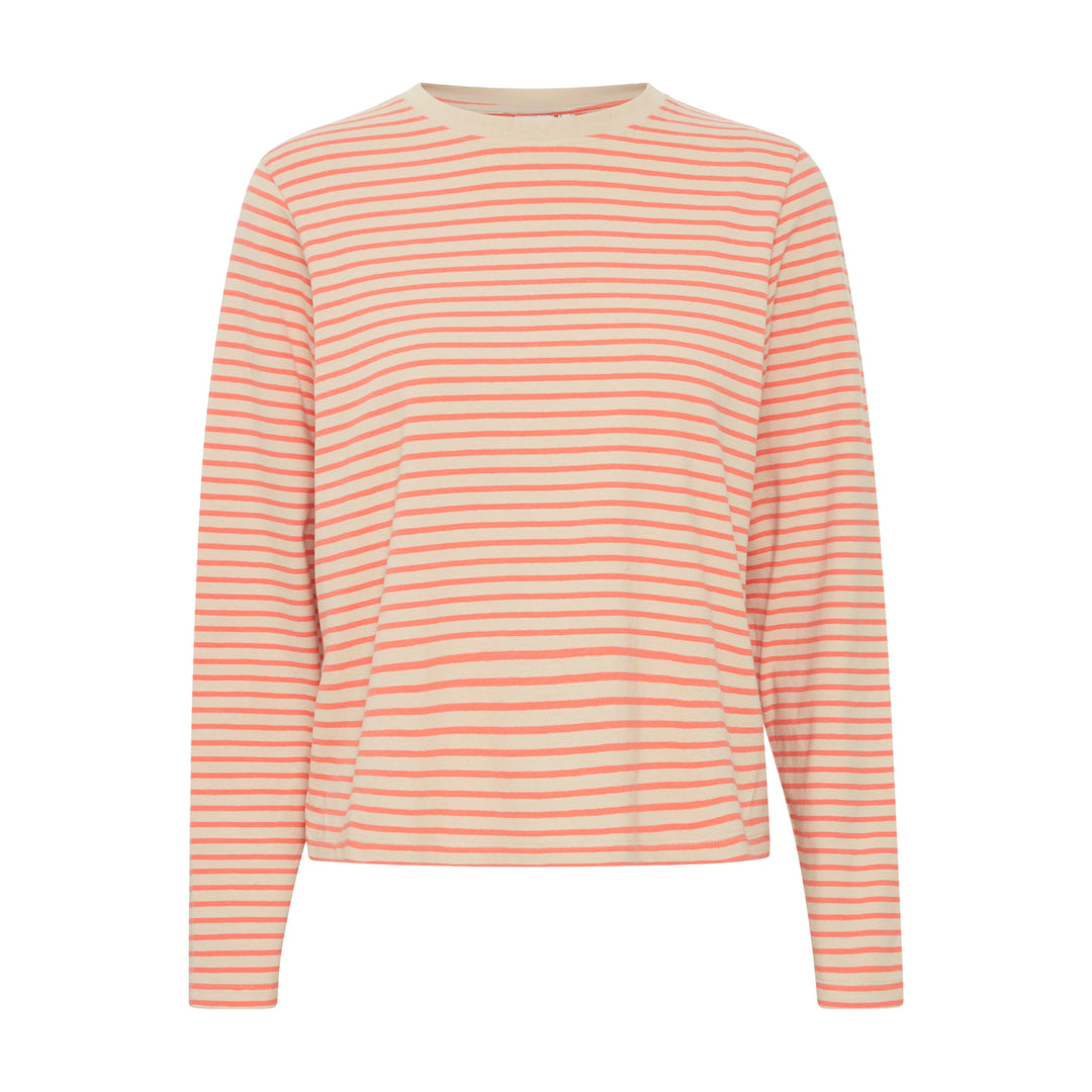 ICHI Mira Long Sleeve T-Shirt Hot Coral Stripe